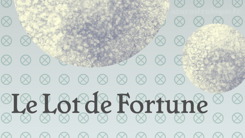 "Le Lot de Fortune" sur fond de motif du glyphe du Lot de Fortune, avec une illustration de deux Lunes