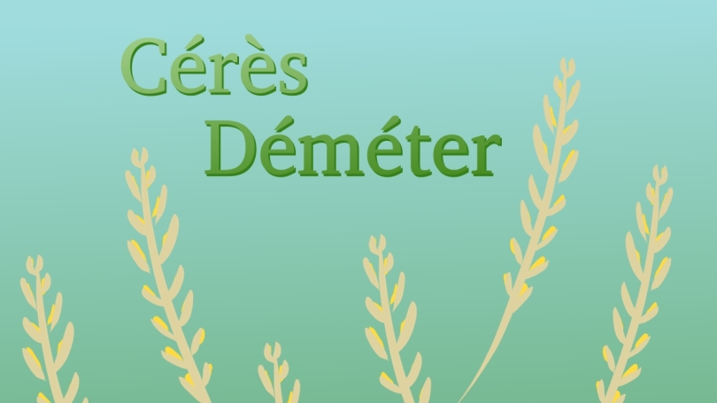 le texte "Cérès Déméter" écrit en vert sur fond bleu-vert, avec des gerbes de blé de part et d'autre