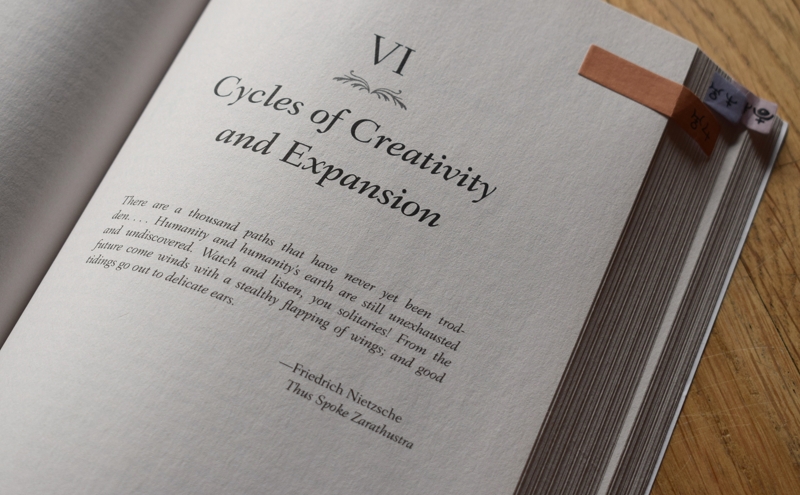 page de Cosmos and Psyche : partie VI, Cycles of Creativity and Expansion. "There are a thousand paths that have never yet been trodden... Humanity and humanity's earth are still unexhausted and undiscovered. Watch and listen, you solitaries! From the future come winds with a stealthy flapping of wings; and good tidings go out to delicate ears." Friedrich Nietzsche, Thus Spoke Zarathustra